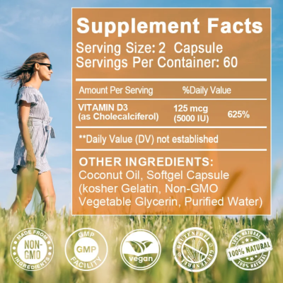 Supplement facts label for Vitamin D3 capsules