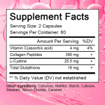 Glutathione and Collagen supplement bottle with supplement facts and product benefits