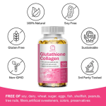 Glutathione and Collagen supplement bottle with supplement facts and product benefits